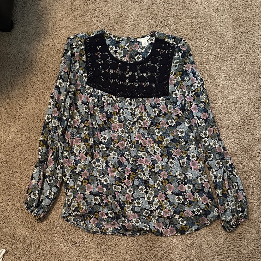 Caslon Pink & Black Floral Lace-Yoke Blouse